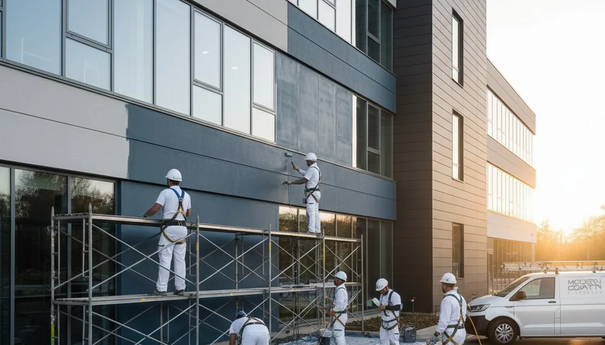 Professional commercial painters in Indianapolis IN applying durable coatings to business exterior